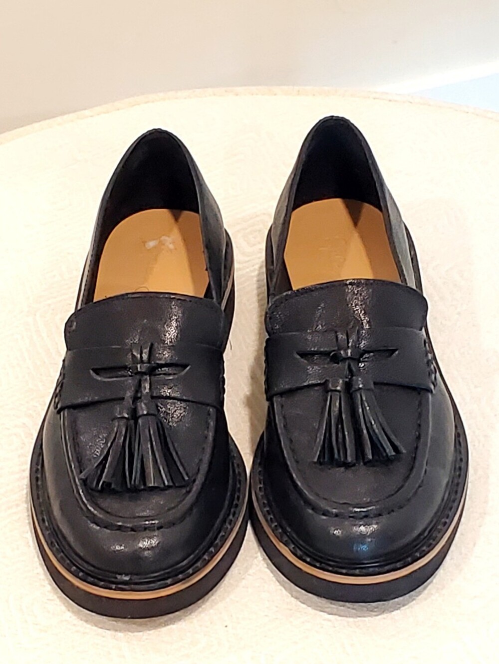 Splendid "Caio" Black Leather Dual Tassles Penny Loafers, Chunky Sole, Wm 8, EUC